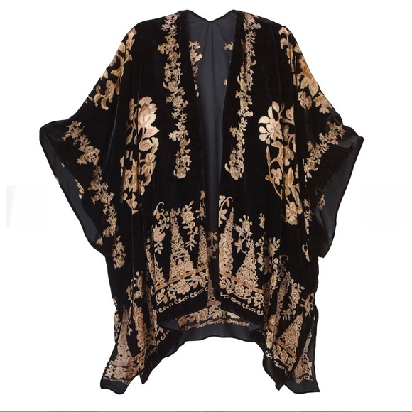 Signals Black Gold Tan Burnout Floral Soft Velvet Poncho Kimono 18 One Size - Picture 2 of 12